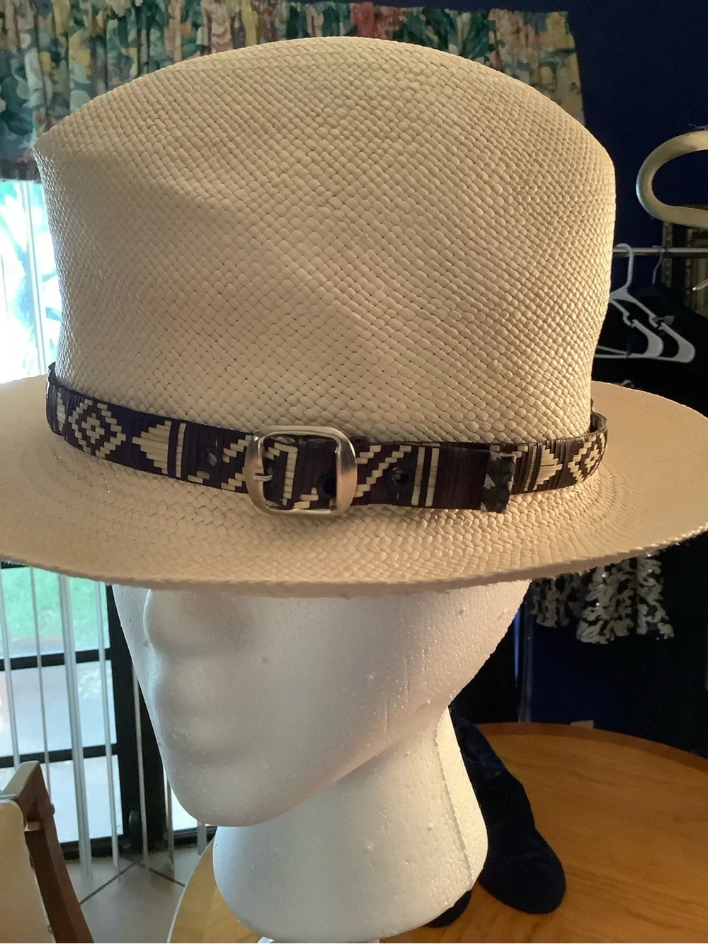 Men's Cream Straw Fedora with Black Band and Patterned Strap Band XXL
